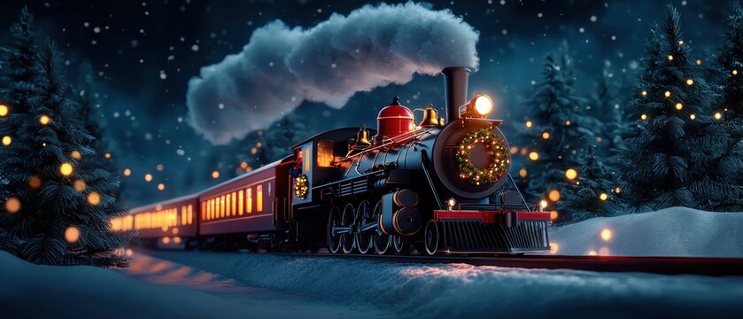 Festive steam train traveling through a snowy winter landscape