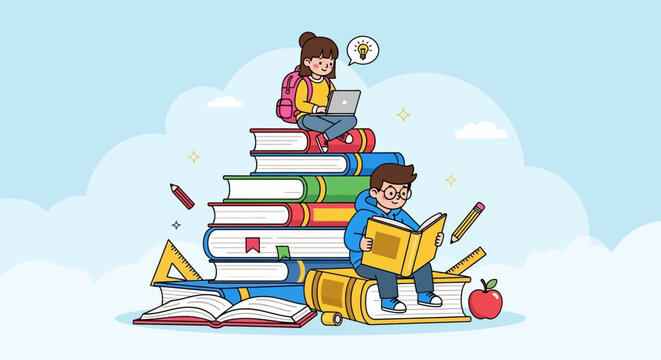 Handdrawn Style Cartoon Student Studying on Stack of Books Illustration