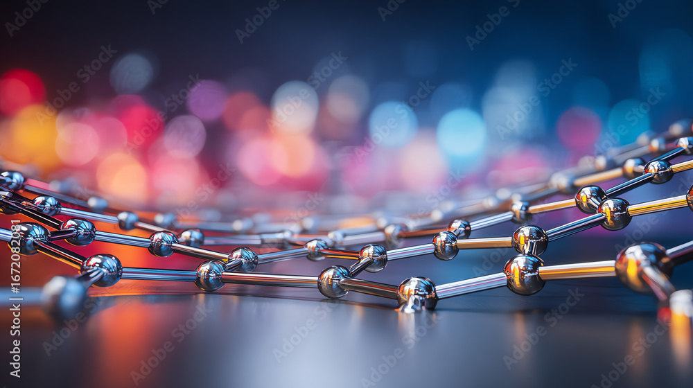 Poster abstract view of a molecular structure with vibrant blurred lights in the background, showcasing inn