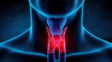 Image depicts detailed anatomical illustration of human thyroid gland, showcasing its structure vibrant and visually striking manner. This medical representation highlights importance of thyroid