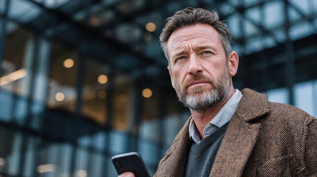 Mature Man Holding Phone Urban Setting Thoughtful Expression