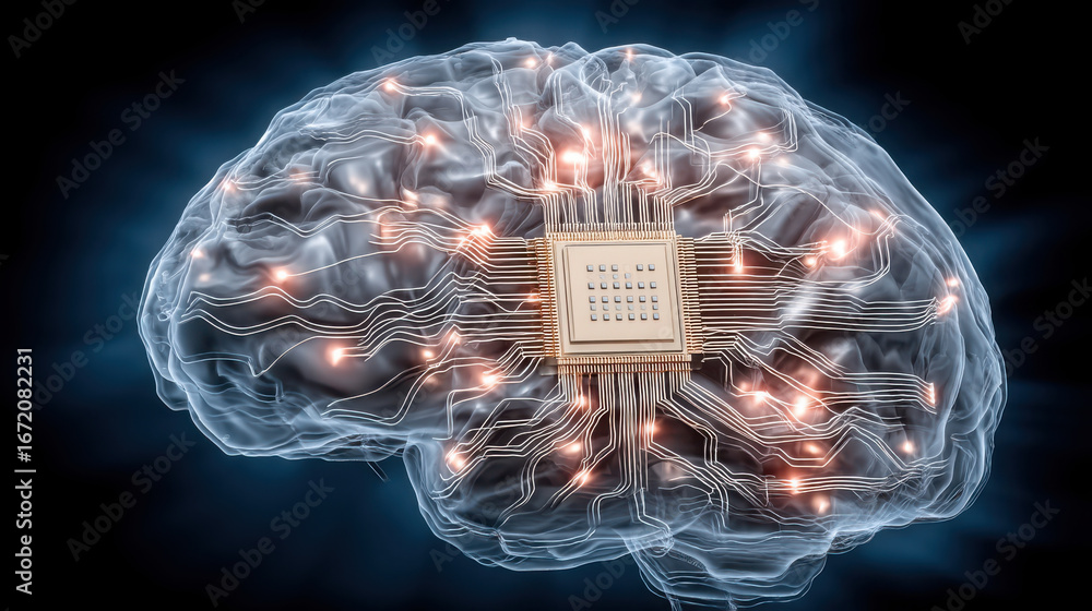 Poster image depicts conceptual representation of brain integrated with microchip, symbolizing fusion of te