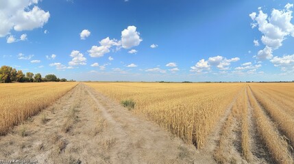 Expansive Golden Wheat Field Under Bright Blue Sky with Fluffy White Clouds and Tranquil Pathways, Symbolizing Abundance and Natural Beauty in Agriculture
