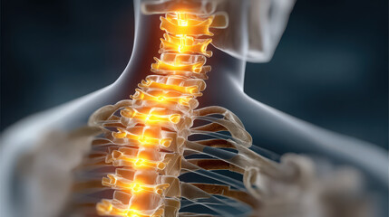 Image depicts detailed view of human spine, showcasing vertebrae illuminated in vibrant orange hue. This representation highlights importance of spinal health in medical studies and treatments
