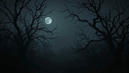 Halloween horror scene with trees and full moon in misty night forest. A dark, eerie scene of a forest at night with a full moon. Mystery, horror theme.
