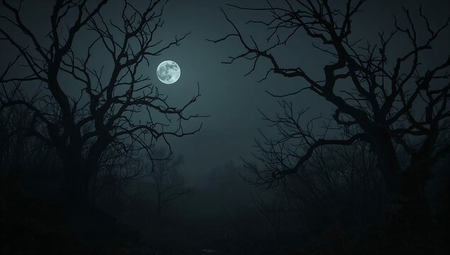 Halloween horror scene with trees and full moon in misty night forest. A dark, eerie scene of a forest at night with a full moon. Mystery, horror theme.