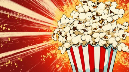 Fresh and Fluffy Popcorn in a Striped Bucket with a Burst of Colorful Explosion Background Ideal for Movie Nights and Snack Themes