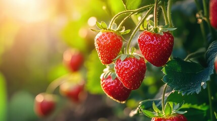 Fresh and Juicy Strawberries Hanging from Green Plants in a Sunlit Garden, Capturing the Essence of Summer's Bounty and Nature's Sweetness