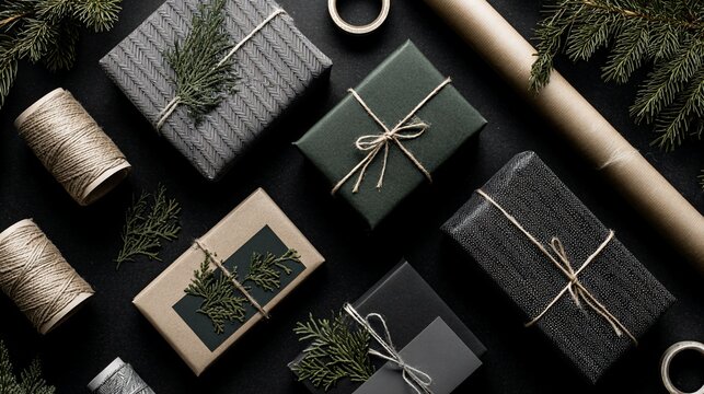 Gift-wrapped presents with twine and greenery on dark surface, overhead shot