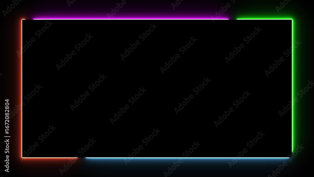 Poster glowing neon light rectangle colorful border frame animation isolated on black background