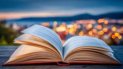 Obraz premium An open book rests on a wooden surface, with a dreamy, blurred cityscape in the background, perfect for reading lovers.