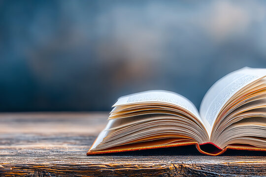 An open book resting on a wooden table with a blurred background, inviting readers to explore its stories and knowledge.