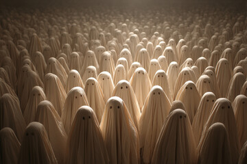 Obraz premium Crowd of ghost figures in cream-colored fabric with knitted texture and dark eye holes creating spooky Halloween atmosphere at night.