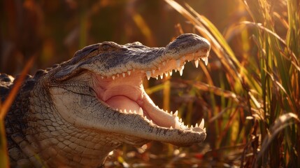 Obraz premium Alligator Head with Open Mouth in Grassy Environment