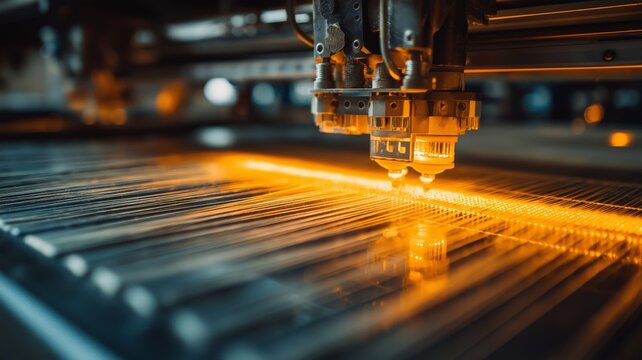 Precision lasers cut through materials in a modern manufacturing environment with bright lighting.