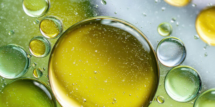 Macro View of Clear Yellow and Green Oil Droplets on Glass