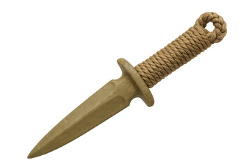 Studio shot of a wooden training dagger with a rope handle, isolated on a transparent background, perfect for martial arts or historical reenactment projects