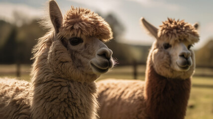 Obraz premium Close-up of two adorable alpacas with fluffy fur and expressive faces