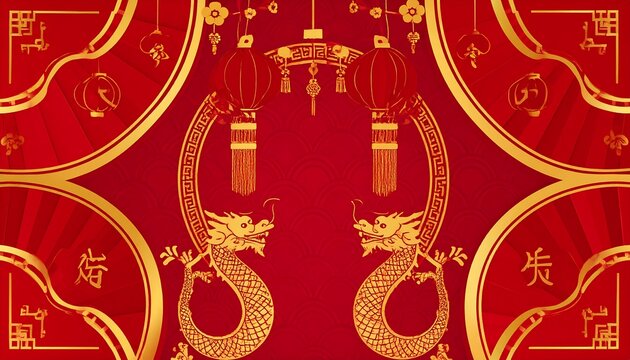 Symmetrical design featuring golden dragons and lanterns on a red background with geometric patterns