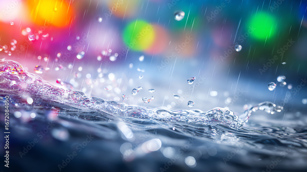 Poster close-up of raindrops splashing on a calm surface, capturing the beauty of nature's refreshing embra