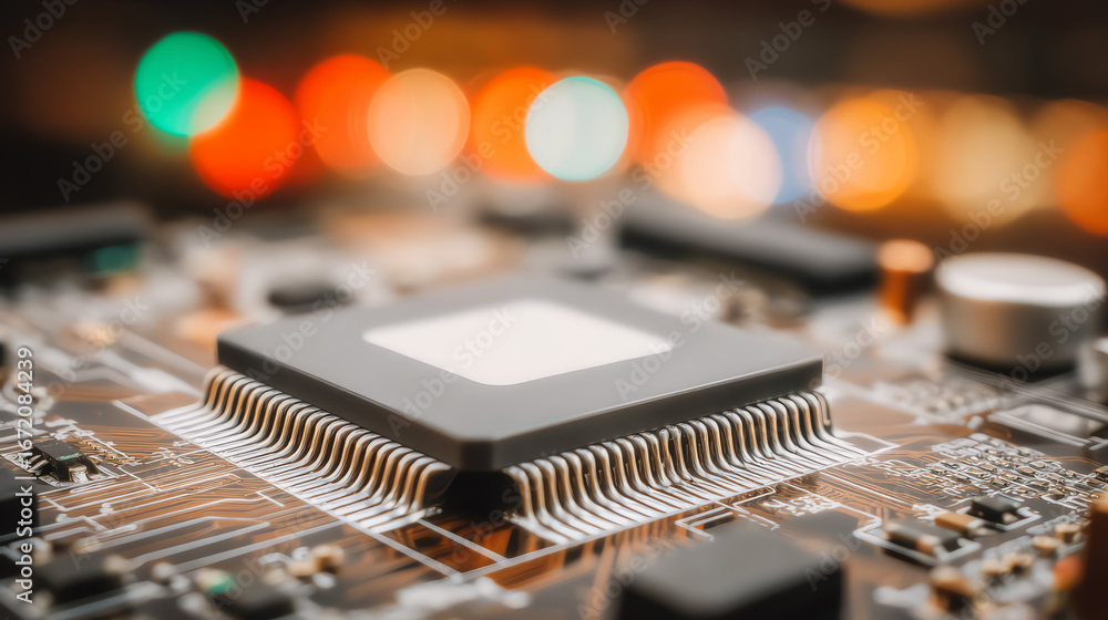 Poster close-up view of a microprocessor on a circuit board, showcasing intricate details and warm glowing 