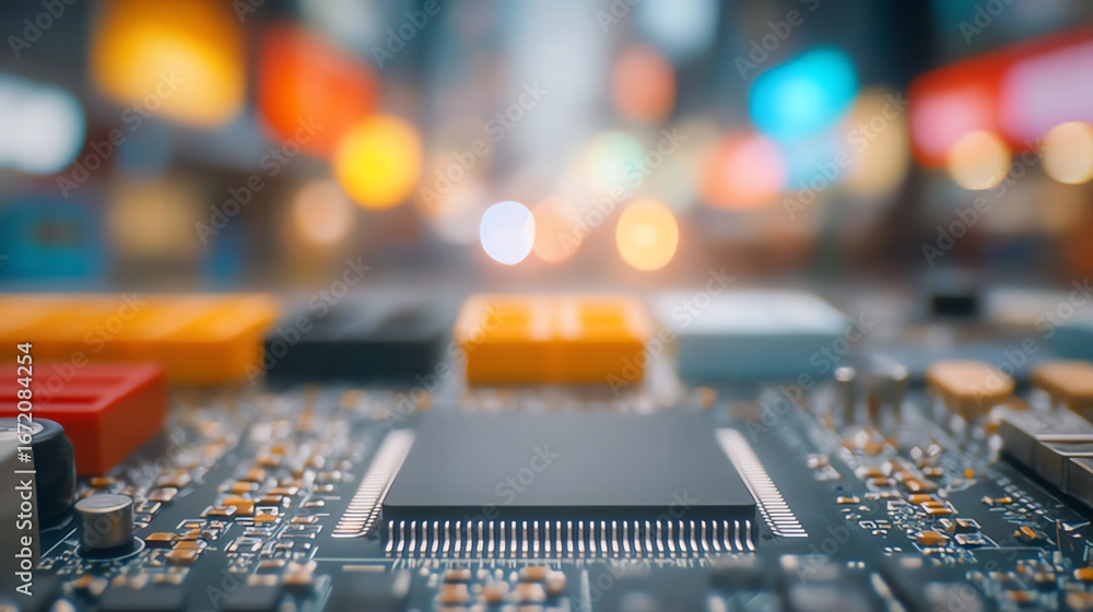 Poster close-up view of a modern circuit board with colorful components, representing the intersection of t