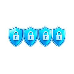 Four blue shields with locks security concept isolated on transparent background