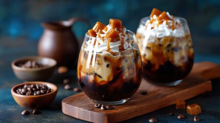 Fototapeta premium Delicious iced coffee dessert featuring creamy caramel whipped cream and chocolate beautifully presented in elegant glass for gourmet indulgence