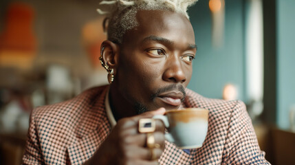 man drinking coffee in cafe
