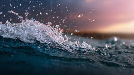 Close-up view of vibrant water droplets splashing in sunlight, showcasing the beauty and power of nature in a serene atmosphere.