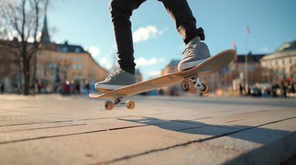 skateboarder jumping in the city
