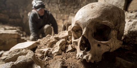 Extreme close-up. An archaeologist as he discovers an ancient fossil human skull in a rocky cave. Generative Ai.