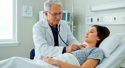 Obraz premium Professional doctor using a stethoscope to examine a patient in a hospital bed