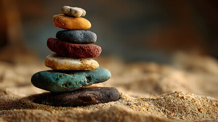 A stack of seven multicolored stones balanced on a sandy surface.