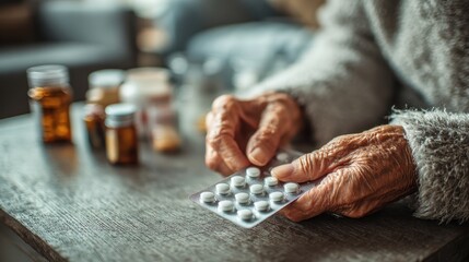 Elderly hands holding pills medication senior healthcare