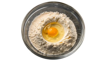 Two raw eggs cracked into flour crater in dark rimmed glass mixing bowl, isolated on a transparent background