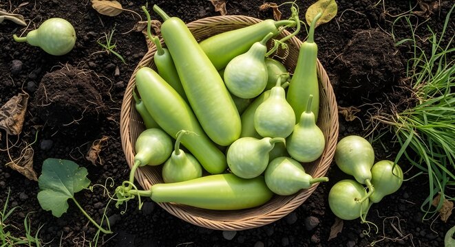 Calabash gourds in a wooden bowl on soil