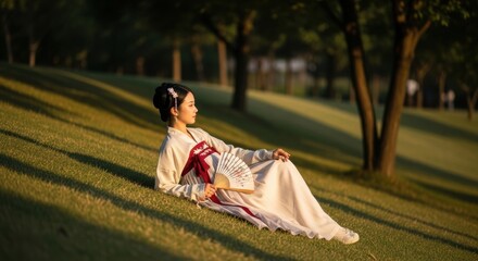 Fototapeta premium Young asian female in traditional dress relaxing on grassy hill with fan
