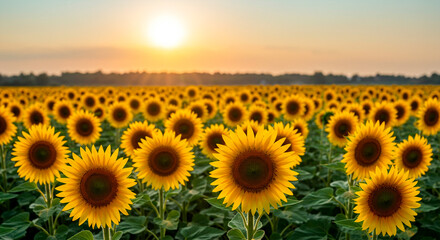 Obraz premium A vibrant and lush sunflower field at sunset