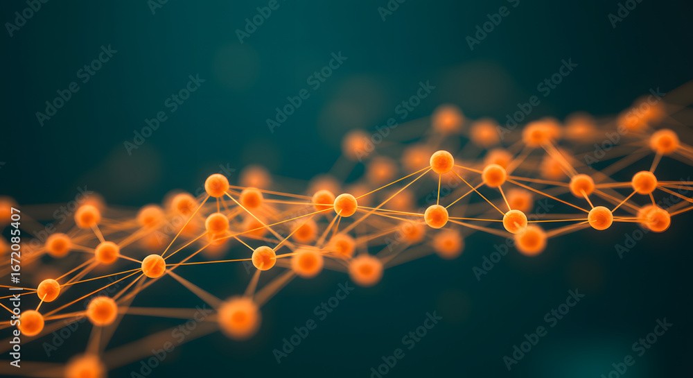 Poster intricate interconnected network of orange spheres and lines against a dark teal backdrop displaying