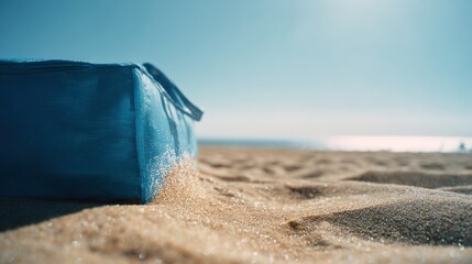 A blue cooler bag rests partially buried in the sand on a sunny beach, with the ocean in the distance.