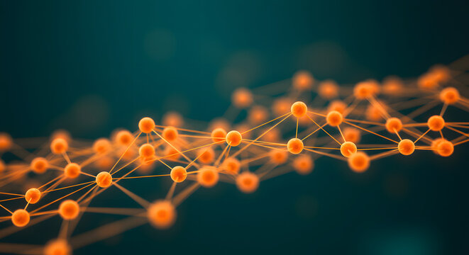 Intricate interconnected network of orange spheres and lines against a dark teal backdrop displaying a complex