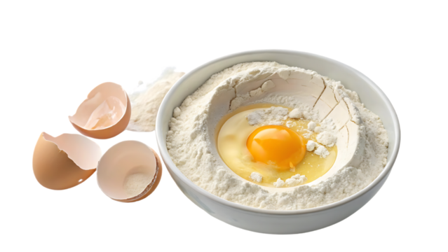 Bowl with flour well containing cracked egg and eggshells scattered nearby on white surface, isolated on a transparent background