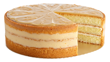 Layered vanilla cake with cream filling and decorative frosting pattern on top with slice, isolated on a transparent background