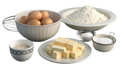 Fresh eggs in wire basket, flour in ceramic bowl, cubed butter and measuring cups displayed, isolated on a transparent background