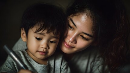 Obraz premium A mother guiding her child in learning to write letters at home
