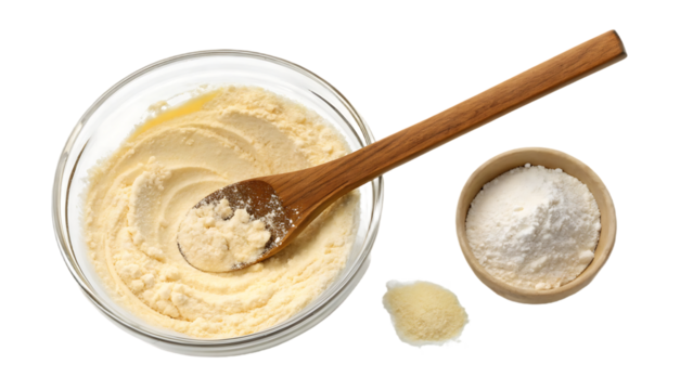 Wooden spoon stirring thick cake batter in glass bowl with flour scattered around, isolated on a transparent background