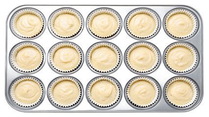 Fifteen cupcake batter portions in paper liners arranged in metal muffin tin baking pan, isolated on a transparent background