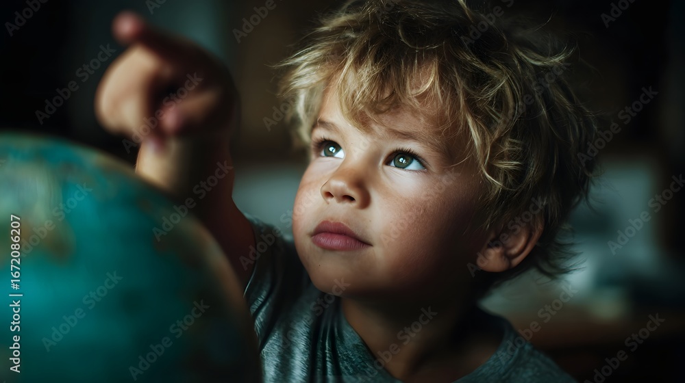 Poster curious boy exploring a globe and pointing at a country