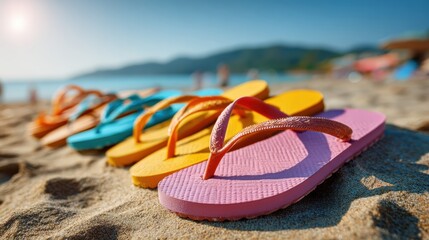 Colorful flip-flops on sunny beach sand showcasing summer vacation footwear in vibrant hues for outdoor relaxation and tropical lifestyle enjoyment